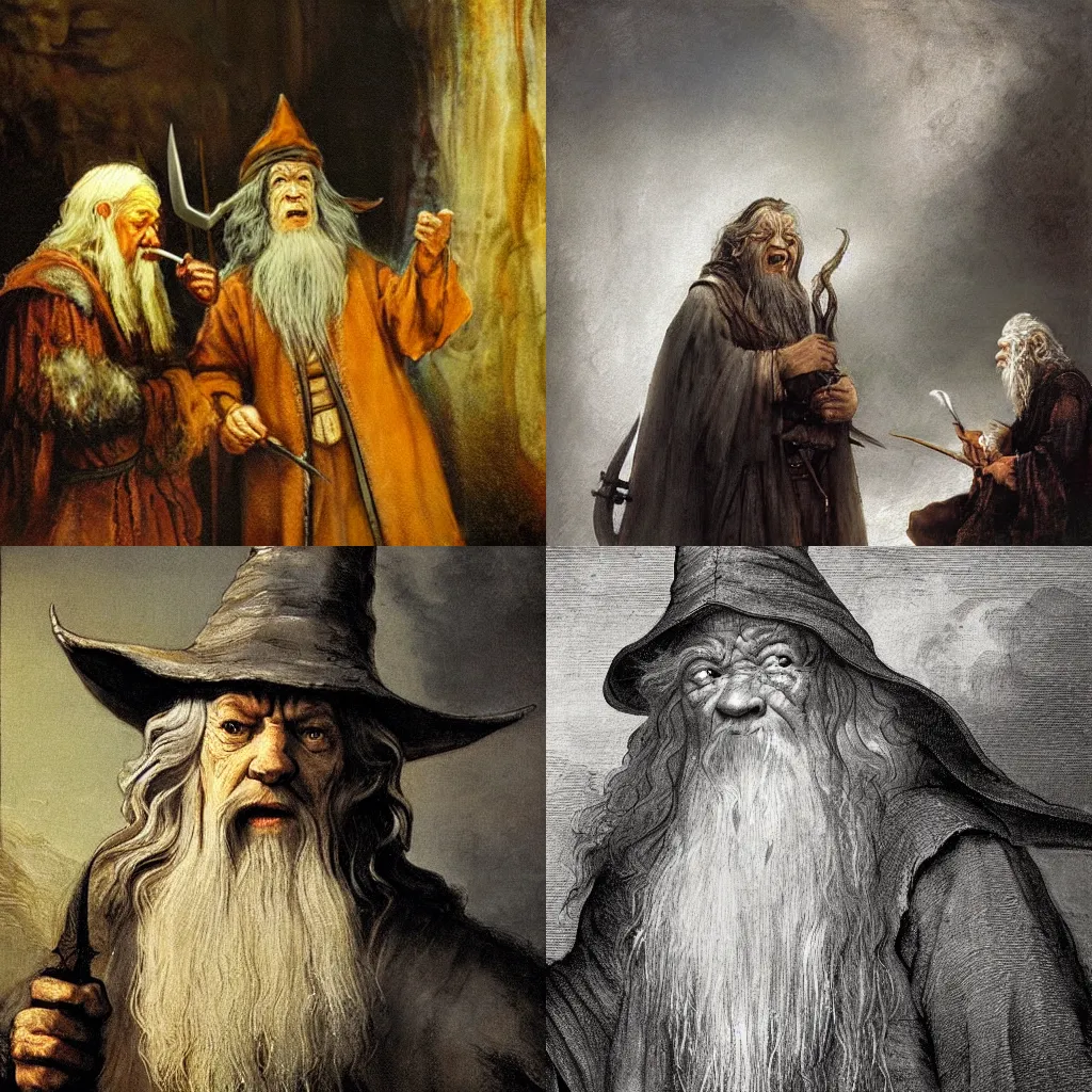 Prompt: Gandalf trying to talk with a very dumb orc, high detail painting by Rembrandt