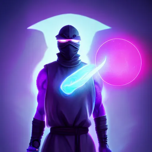 Image similar to ninja surrounded by purple aura, glowing red eyes, full body shot, menacing, stylized, octane render, artstation, digital art, digital painting, devian art