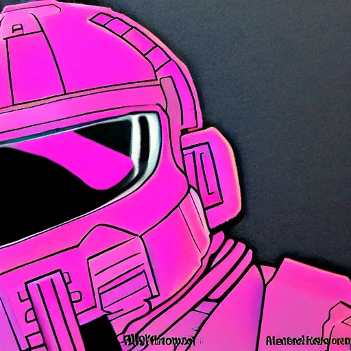 Image similar to master chief drawn with markers, background colored pink