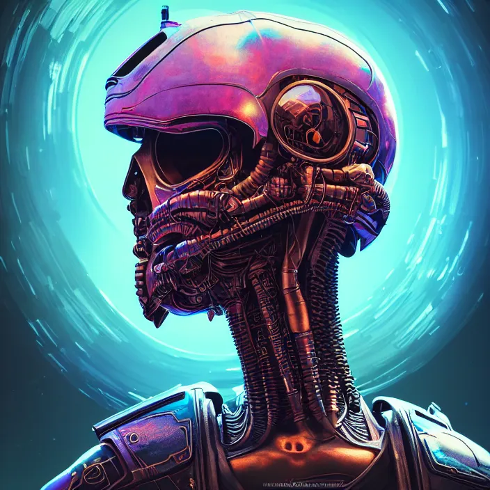 Image similar to synthwave symmetric frontal view digital portrait nanopunk space pirate, biorobotic legendary thief, epic apex legends concept, retro futuristic skull vr helmet prototype cyberware, beksinski mohrbacher shirow, sharp focus, realistic scifi masterpiece, cinematic natural light, highly intricate details, 8 k, hdr, octane render