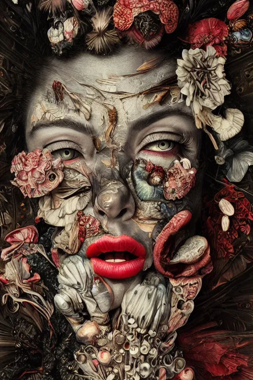 Image similar to Detailed maximalist portrait with large lips and wide white eyes, angry expression, HD mixed media collage, highly detailed and intricate, surreal, illustration in the style of Caravaggio and James Jean, dark art, baroque