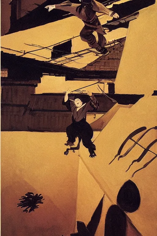 Image similar to a ninja jumping from the roof at night by joaquin sorolla, syd mead, hokusai