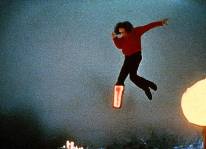 Prompt: a still from the breakfast club ( 1 9 8 5 ) of a man lifelessly floating 9 feet above the ground at night, illuminated by a single red light