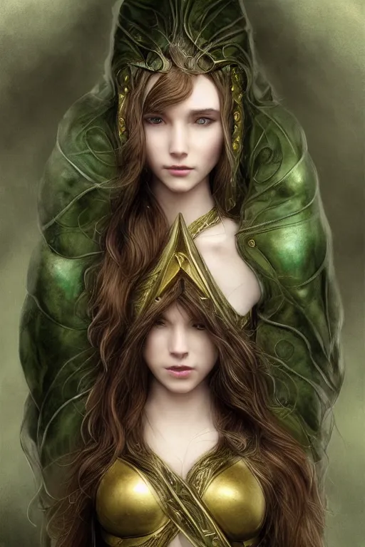 Image similar to a beautiful photo of a young woman, green elf ranger with long flowing hair and a green leather hood, elf ranger leather armor with olive green and brown colors and gold lining, young female face, cinematic top lighting, insanely detailed and intricate, face by wlop, Charlie Bowater, designs by zhelong xu and gustave doré, golden ratio, symmetric, elegant, ornate, luxury, elite, matte painting, cinematic, trending on artstation, deviantart and cgsociety, 8k, high resolution