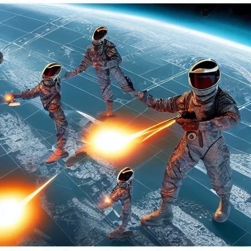 Image similar to futuristic soldiers in spacesuits firing lasers in zero gravity, floating polygon shapes as obstacles, surrounded by a laser grid