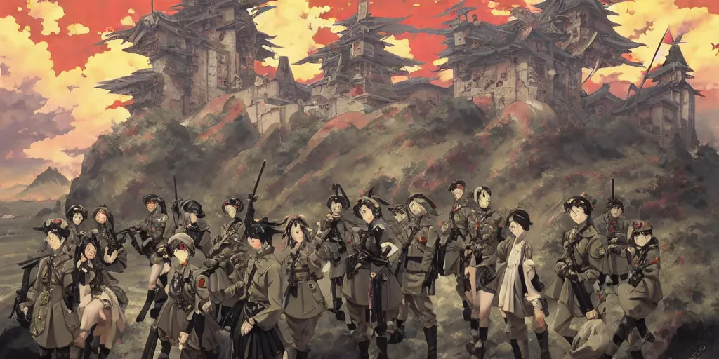 Prompt: baroque acrylic painting, anime key visual concept, brutalist fantasy world war 2 germany with anime maid soldiers, dictator fascist nationalist propaganda, rule of thirds golden ratio, fake detail, trending pixiv fanbox, style of makoto shinkai ghibli takashi takeuchi yoshiyuki sadamoto jamie wyeth james gilleard greg rutkowski chiho aoshima