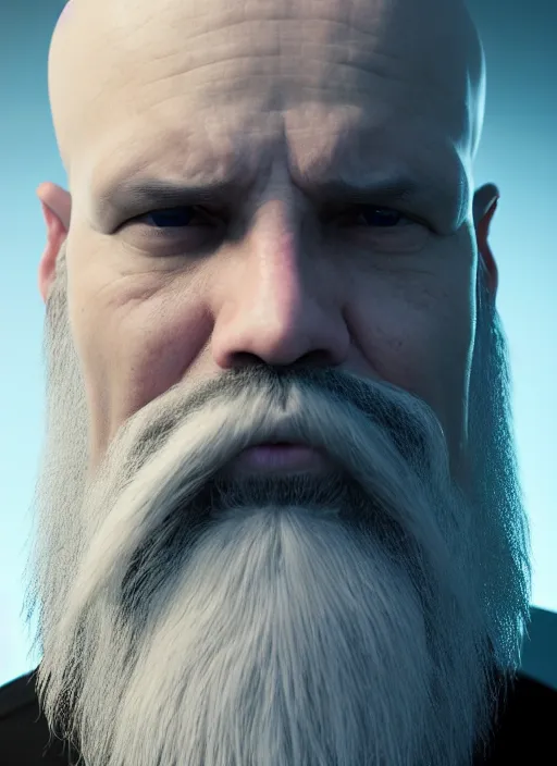 Image similar to portrait of a bald wizard with long white beard, tattoo around one eye, perfect facial symmetry + dim volumetric lighting, 8k octane beautifully detailed render, post-processing, extremely hyperdetailed, intricate, epic composition, grim yet sparkling atmosphere, cinematic lighting + masterpiece, trending on artstation