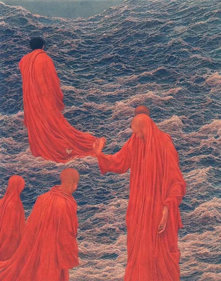 Image similar to worshippers in red robes wading through waves, high detailed beksinski painting, part by adrian ghenie and gerhard richter. art by takato yamamoto. masterpiece, deep colours, blue