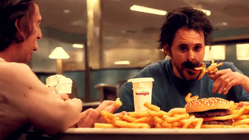 Image similar to the strange creature eats a cheeseburger, at the fast food restaurant, film still, directed by david cronenberg studio lighting, extremely professional