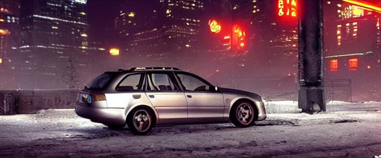 Prompt: Audi A4 B6 Avant (2002), a gritty neo-noir, Max Payne (PC) (2001) winter new york at night, dramatic bright lighting, cinematic, establishing shot, extremely high detail, photorealistic, cinematic lighting, artstation, by simon stalenhag, dark night, bright lights, eldritch horror