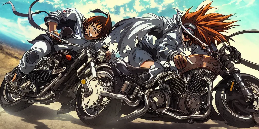 Prompt: high quality anime movie still, motorcycle, stylized action shot of an orc popping a wheelie on a motorcycle, menacing orc, clear focused details, soft airbrushed artwork, black background, apocalyptic, studio ghibli, miyazaki, anime style