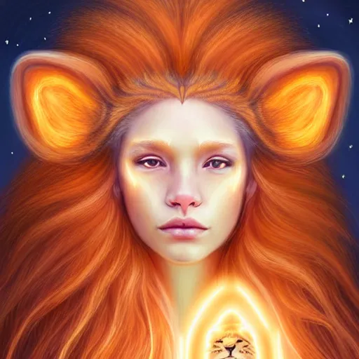 Image similar to Portrait of a girl angel with pale orange colored frizzy strands of illuminated hair, Lion essence, cat ears on her head, glowing halo, Lion's Mane, Cosmic, Lion's Gate, 8/8, fantasy, intricate, elegant, highly detailed, digital painting, artstation, concept art, smooth, sharp focus, illustration, art by Krenz Cushart and Artem Demura and alphonse mucha