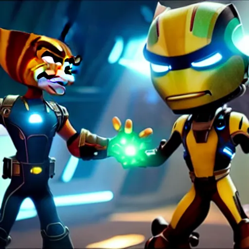 Image similar to ratchet and clank in avengers infinity war helping tony stark