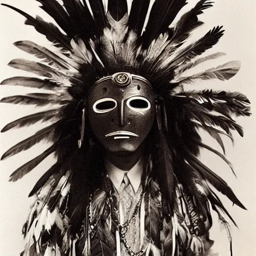 Image similar to vintage photo of futuristic native american shaman mask with chrome scales and gold feather plumes by edward s curtis