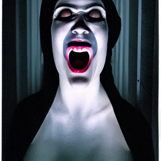 Prompt: in the style of Gottfried Helnwein female ghost witch facing forward, horrific scream on face, sharp teeth, long metallic nails, white dress, night, dark room, neon light in window