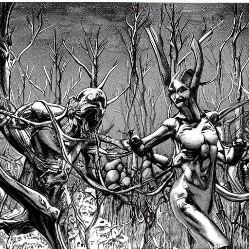 Prompt: sci - fi, hunters of monsters walking in a meat and bone forest, art by oscar chiconi