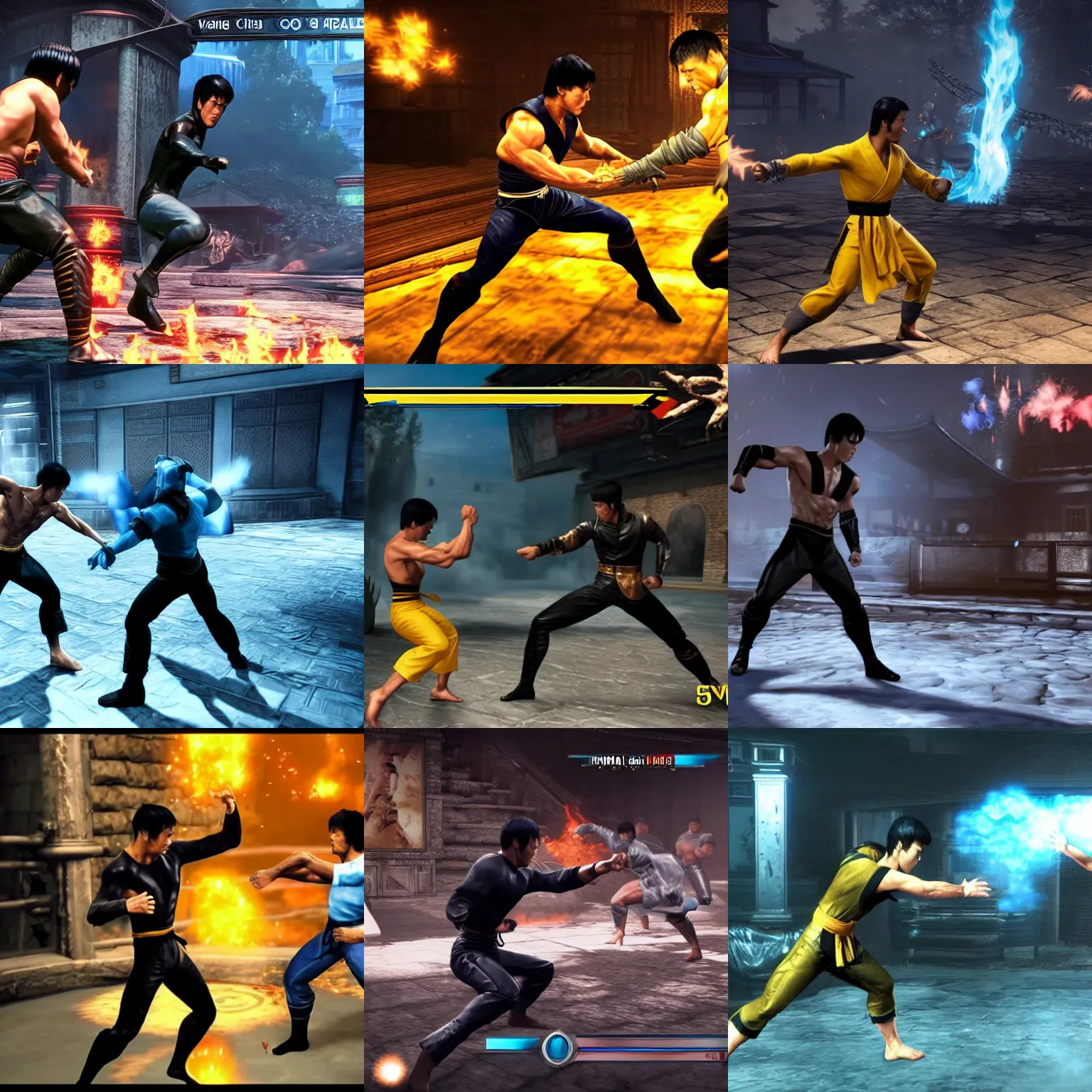 Prompt: gameplay screenshot of bruce lee fighting against sub zero in mortal kombat 1 1,