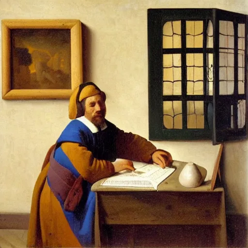 Prompt: An oil painting of a man sat at an escritoire desk with his hand touching an ammonite fossil, there is a window with muntins to his left and a wood closet behind him, in the style of The Astronomer by Vermeer, Dutch Golden Age, Old Masters