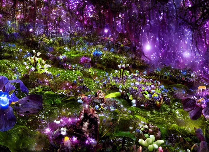 Image similar to glowing delicate flower and mushrooms that grow in a dark fatansy forest on the planet Pandora,