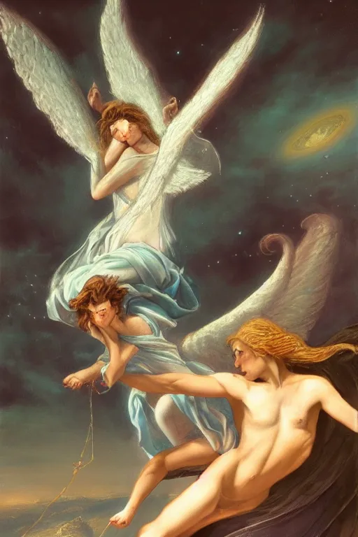 Image similar to angel falling to andromeda, very high resolution images, very fine details, very realistic, drawn by yulia iosilzon, and simone graci, plus a touch from raden pious in the depth of color and emotion
