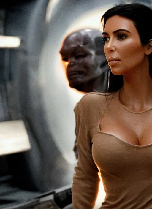 Image similar to movie still of kim kardashian with a alien facehugger face, in the movie alien. cinematic full shot.