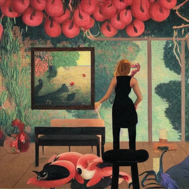 Image similar to emo catgirl artist in her lounge room, painting of flood waters inside an artist's loungeroom, a river flooding indoors, pomegranates, pigs, ikebana, water, octopus, river, rapids, waterfall, black swans, canoe, berries, acrylic on canvas, surrealist, by magritte and monet