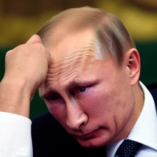 Prompt: Vladimir Putin banging his head against the wall in frustration