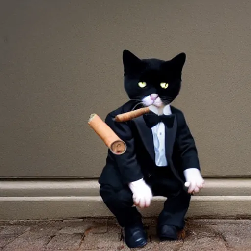 Image similar to cat wearing a suit smoking a cigar