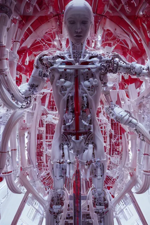 Prompt: white space station interior, white cross on background, a statue jesus on cross made of red marble, perfect symmetrical body, full body shot, inflateble shapes, wires, tubes, veins, jellyfish, white biomechanical details, wearing epic bionic cyborg implants, masterpiece, intricate, biopunk, vogue, highly detailed, artstation, concept art, cyberpunk, octane render