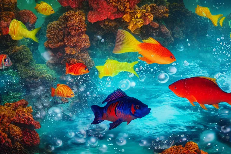 Prompt: ultra realistic underwater photography, panoramic picture of a river with ( subject : a very big exotic brightly coloured fish ). lots of bubbles. wavy, scattered light entering from the water surface, artstation, focus on the fish, extremely hyperrealistic crisply sharp fish, 8 k