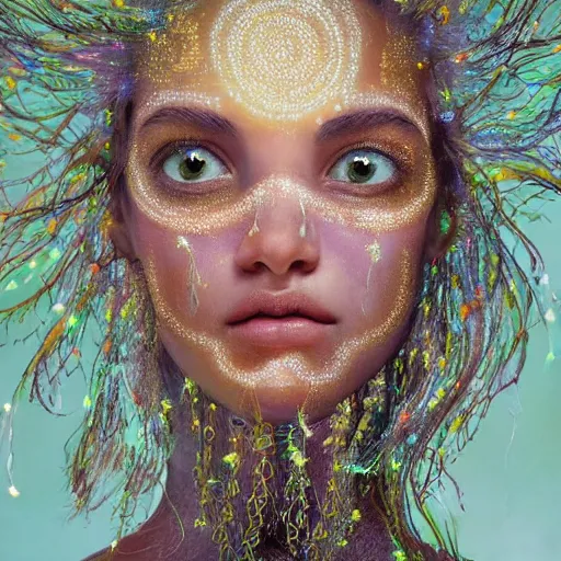 Prompt: a close - up shot of a brown woman wearing a luminous armor made of 5 0 neon jelly fishes. surrounded by jelly fishes. soft lighting. fragile. haunting eyes!! coherent face!! no makeup!! muted colors. by ray caesar. by louise dahl - wolfe. by andrea kowch. by anna claren. surreal photography