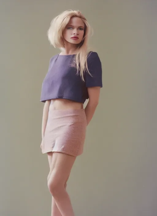 Prompt: kodak portra 400, photography of a beautiful woman with blond hair, cute top, miniskirt , Low key lighting, photographed by nina masic, high quality,complementary colors ,photo-realistic, sigma art 85mm