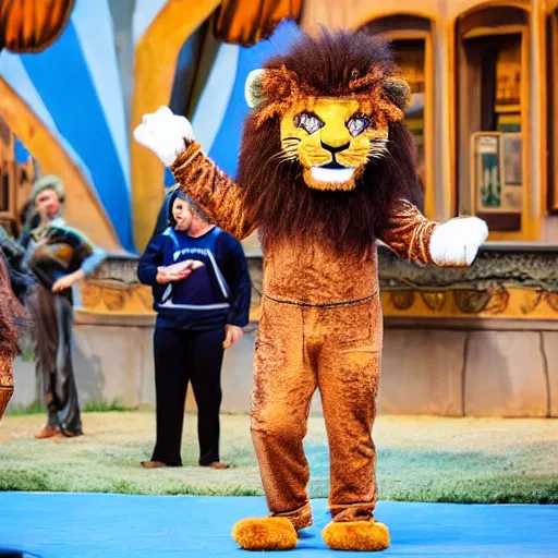 Prompt: terrible lion mascot costumes in a stage show at disneyland, covered outdoor stage, theatrical lighting, iphone video