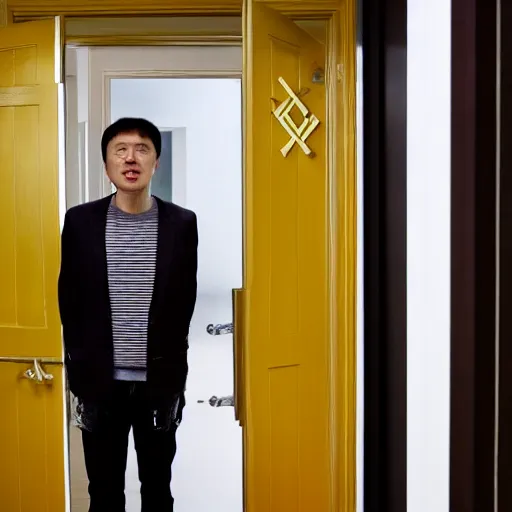 Prompt: ceo of binance changpeng zhao as shelley duvall in the iconic shining movie door axe