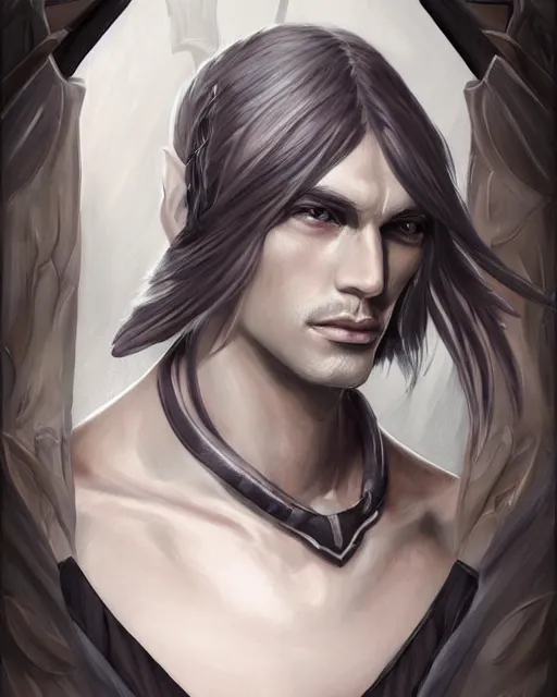 Image similar to portrait of a feminine male dark elf, dark obsidian skin, white tatoo, long hair, fantasy, elegant, intricate, highly detailed, digital painting, artstation, concept art, sharp focus, illustration