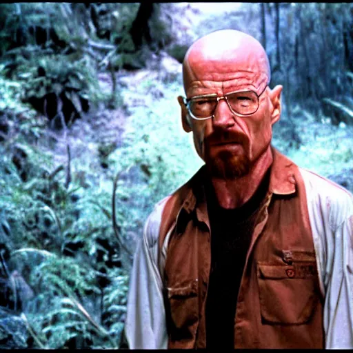 Image similar to film still of hyper-realistic walter white in Predator (1987), 4k