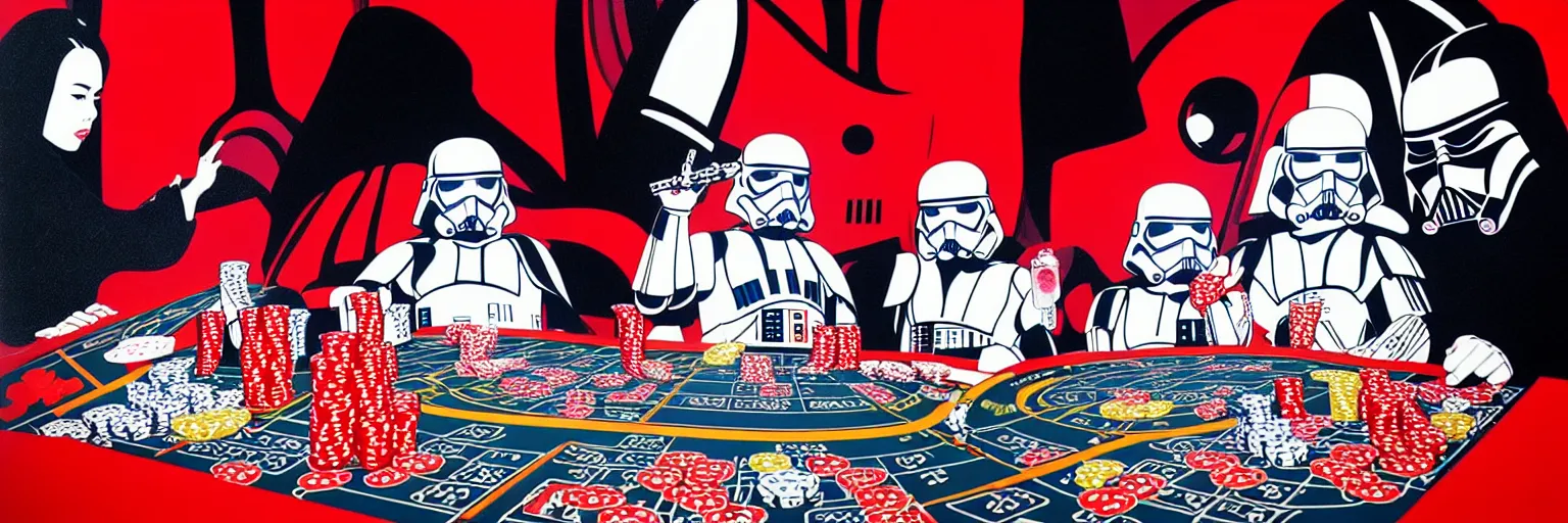 Image similar to hyperrealism composition of the detailed woman in a japanese kimono sitting at an extremely detailed poker table with darth vader and stormtrooper, fireworks on the background, pop - art style, jacky tsai style, andy warhol style, acrylic on canvas