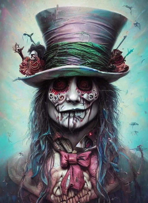 Image similar to mad hatter, polynesian god, half skull half face, highly detailed, cinematic, 8 k, by megan duncanson, benjamin lacombe, adrian borda, stanley artgermm, tom bagshaw, craig mullins, carne griffiths, ayami kojima, beksinski, giger, trending on deviantart, hyper detailed, horror, full of colour