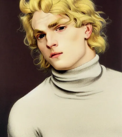 Prompt: clean cel shaded art of a pale androgynous blond young man Lucius, long fluffy curly blond hair, light platinum long blond hair, wearing a black turtleneck sweater, Alexandre Cabanel, norman rockwell, peter paul rubens, maler collier, frank frazetta, alphonse mucha, gustav klimt 4k, unreal 5, DAZ, french noveau, trending on artstation, octane render, hyperrealistic