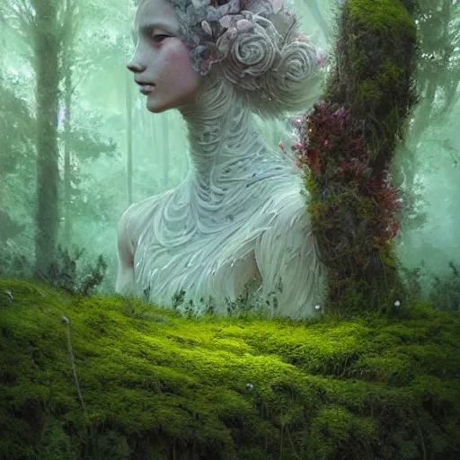 Image similar to a beautiful humanoid creature made out of moss and flowers. ethereal fantasy art by greg rutkowski