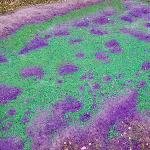 Prompt: landscape covered in purple mold, wide, from a distance