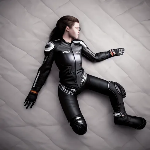 Image similar to photo of girl wearing motorcycle gear laying on chrome bed, shot from overhead, octane render, hdri, super realistic, smooth render, unreal engine 5,