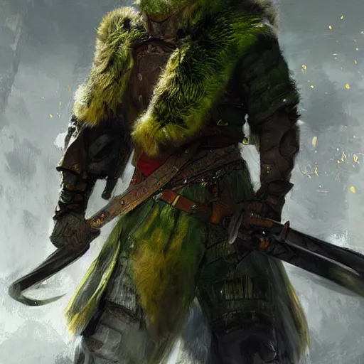 Image similar to A portrait of a fighter with short hair and a beard, dual wielding swords, he wears green scale armor and a cheetah cloak made of cheetah pelt, fantasy, digital art by Ruan Jia, Donglu Yu