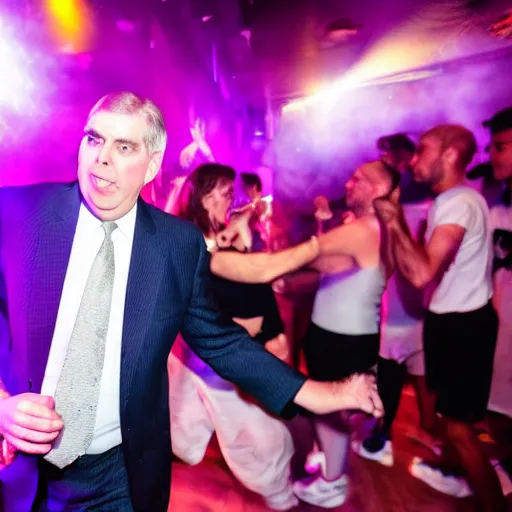 Image similar to prince andrew dancing in a nightclub, sweaty, wide angle, 14mm