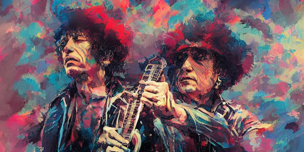 Image similar to rolling thunder revue, bob dylan, colorful, contrast, kim jung gi, greg rutkowski, zabrocki, karlkka, jayison devadas, trending on artstation, 8 k, ultra wide angle, pincushion lens effect