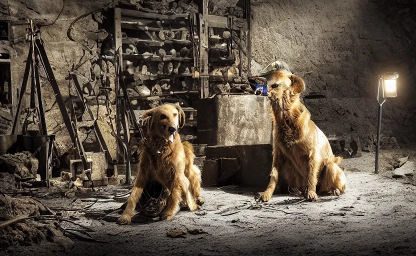 Image similar to a dirty golden retriever in a dimly lit gold mine with large piles of gold nuggets and wearing a black western hat and jacket, dim moody lighting, wooden supports and wall torches and pick axes, cinematic style photograph