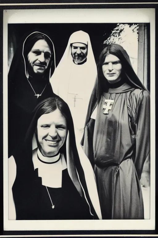 Prompt: 1970s, photo, a polaroid photo, art nouveau, dribble, Aphex Twin and a nun posing for a picture