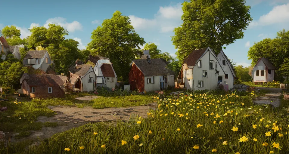 Prompt: a small village in the countryside on a sunny day, sun shining, shadows, flowers, trees, colourful wooden houses, Scandinavian style, trending on artstation, octane render, highly detailed, 70mm, cinematic, atmospheric, cute