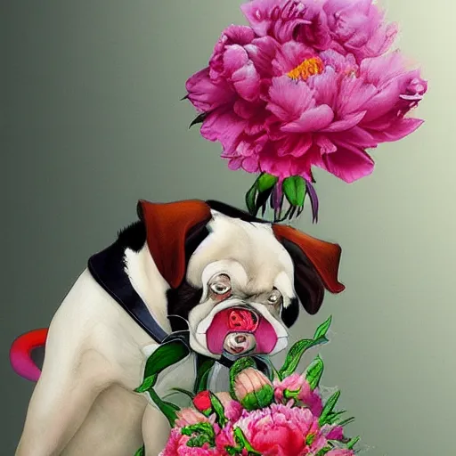 Prompt: Fu dog with peonies, digital art, 8k, trending on artstation