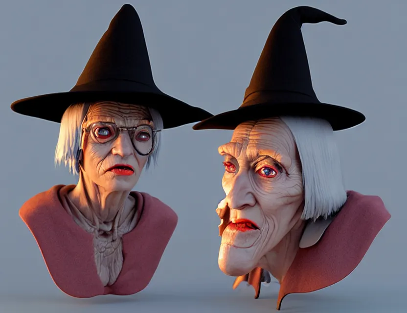 Prompt: cinematic bust portrait of robo face granny cyborg body, witch's hat on head, by jean giraud, trending artstaition, 3 d, unreal engine